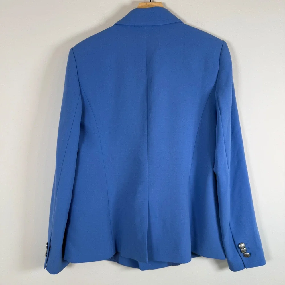 Talbots Double Breasted Blazer Suit Jacket Size 8 Blue Silver Button Long Sleeve
